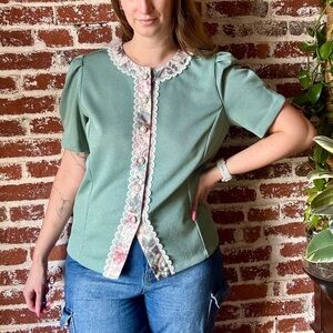 80s Vintage Good Times Sage Green Preppy Floral Button Down Blouse